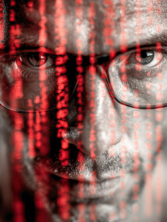 A concentrated man wearing glasses immersed in a sea of vibrant red digital streams, capturing the essence of cybersecurity, encryption, and advanced data scanning.のeditorial素材