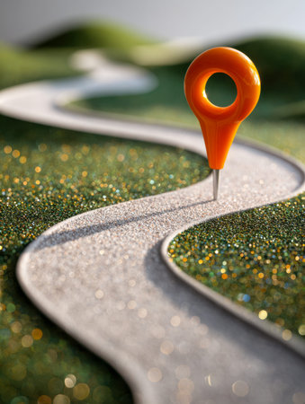 A vibrant orange marker highlights a meandering trail across a shimmering emerald landscape, evoking...