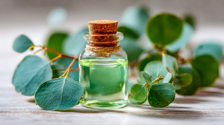 A serene scene featuring a glass dropper bottle amid fresh eucalyptus leaves, evoking calmness and natural healing in a minimalist, wellness-inspired setting.の写真素材