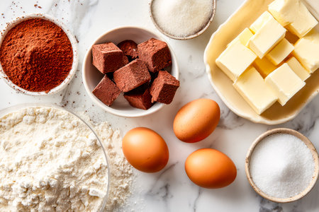 A cozy baking scene capturing a variety of essentials?powdery flour, fresh eggs, creamy butter, rich...