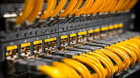 A detailed view of a black network device with vibrant yellow cables snaking into its ports,...