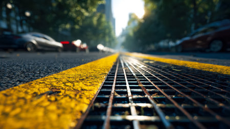 A detailed shot captures a weathered drain set into a bustling city street, highlighted by a vivid...