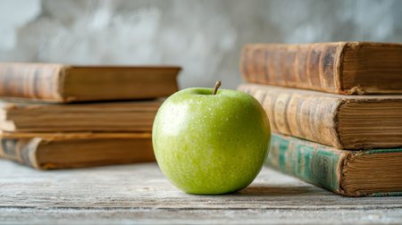 A vibrant green apple rests atop a weathered wooden surface, flanked by antique leather-bound volumes that evoke timeless charm and nostalgic elegance.の写真素材