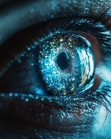 An intense gaze highlighted by luminous blue and gold digital patterns, evoking a futuristic fusion...
