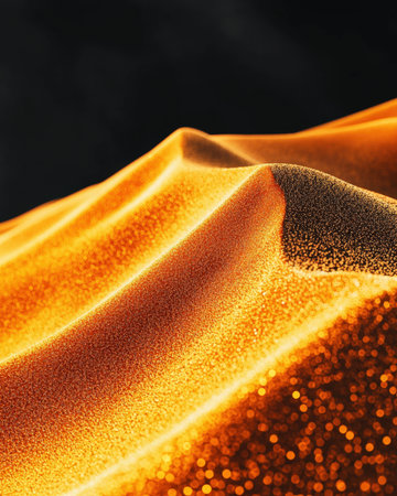 A luminous golden ripple of sand curves sharply, illuminating a textured surface amidst a shadowy backdrop, evoking warmth and mystery.の写真素材