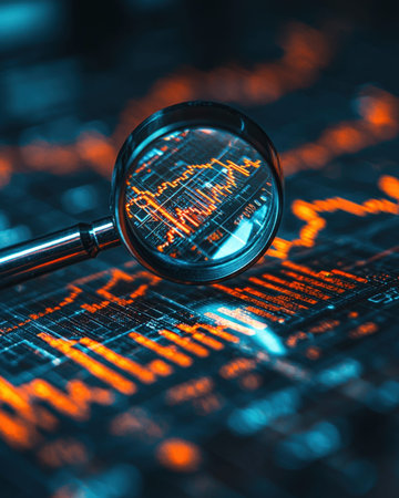 A detailed shot of a hand holding a magnifying glass, scrutinizing vibrant orange and blue financial...