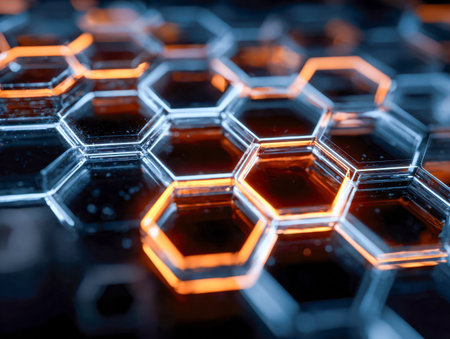 Luminous geometric pattern featuring shimmering hexagonal glass structures illuminated in vivid...