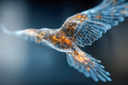 A sleek, luminous bird soaring amid a network of radiant data pathways and intricate wireframe...