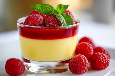 A tempting sweet treat featuring smooth cream, berry compote, and crunchy layers topped with vibrant...