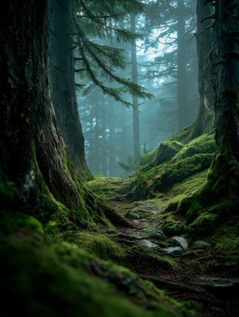 A mysterious woodland trail shrouded in soft fog, lined with ancient, moss-draped giants that create an enchanting, cathedral-like canopy.の写真素材