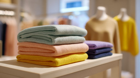 A vibrant array of carefully folded knits arranged in a tidy display, inviting cozy dressing and...