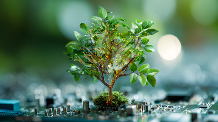 A futuristic scene blending digital circuitry with lush virtual greenery, symbolizing eco-friendly tech solutions in modern farming innovation.の写真素材