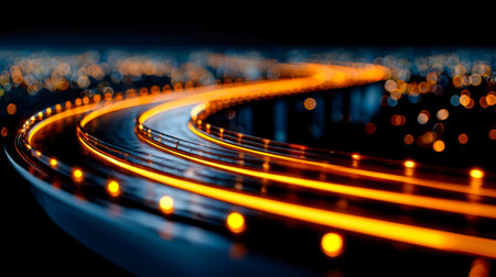 Dynamic streaks of headlights trace winding roadways against a backdrop of soft city glow, capturing...