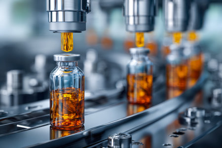 Precision robotic arms fill and cap bottles in a sleek, high-tech facility, showcasing efficiency...