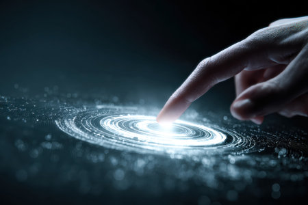 A person interacts with vibrant digital waves on a sleek, high-tech holographic display, showcasing...