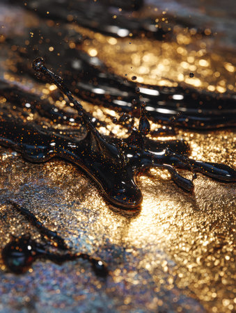 A dynamic burst of black liquid with radiant gold streaks creating a glossy, luxurious contrast on a...