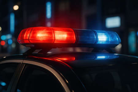 Bright red and blue flashing lights illuminate a police vehicle against the dark night, creating an...