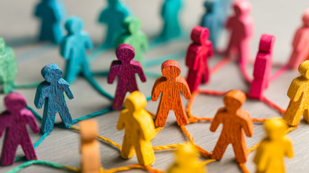 Bright wooden toys linked by threads symbolize unity and collaboration, creating a lively scene of collective effort and shared purpose.の写真素材