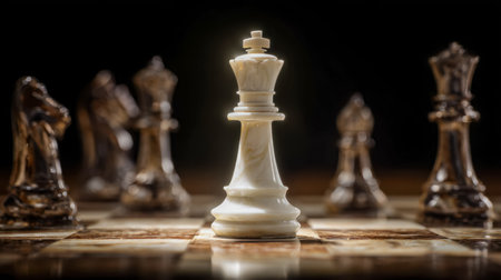 A regal chess piece stands prominently amidst shiny metal rivals, symbolizing dominance, foresight,...