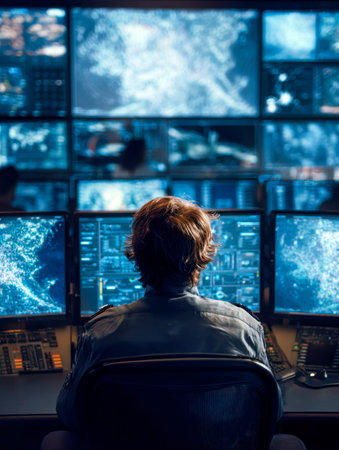 A vigilant analyst observes real-time data streams across sleek digital interfaces, immersed in a...