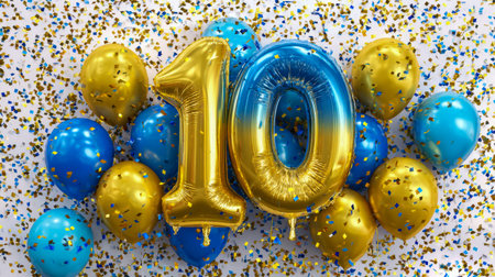 A joyful scene with shimmering gold and royal blue balloons soaring amidst colorful confetti,...