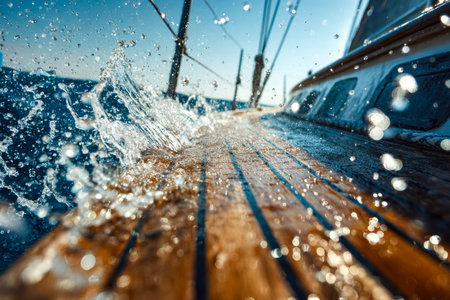 Sunlit deck details with shimmering water spray and intricate rigging, capturing the lively energy...