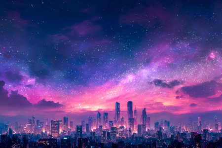 A lively urban vista glows beneath a luminous, celestial sky swirling with iridescent clouds and soft pink-purple tones, creating a dreamy, magical atmosphere.の写真素材