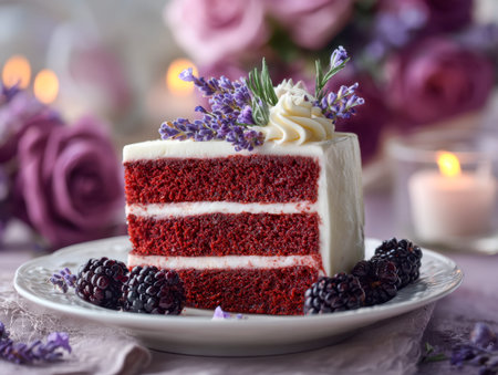 A rich red cake slice adorned with fragrant lavender and fluffy cream rests on a decorative plate,...