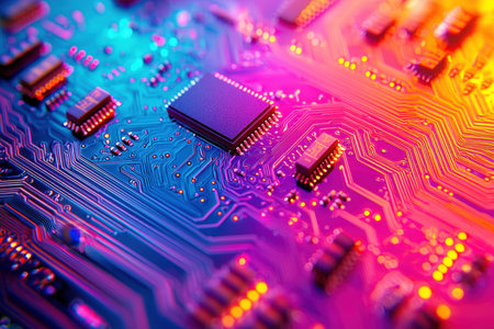 Intricate array of vibrant microchips, resistors, and capacitors on a green pcb, radiating a...