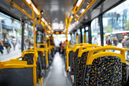 Inside a bustling city bus, vibrant yellow handrails contrast with intricately patterned seats,...