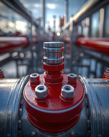 A vibrant red fire hydrant stands prominently on a bustling city sidewalk, with the lively urban...
