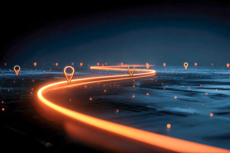 A luminous virtual corridor featuring dynamic markers and holographic cues, illustrating...