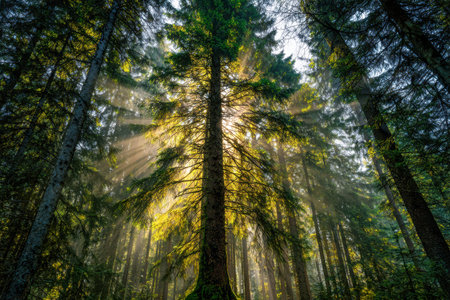 Morning light filters through towering evergreens, casting golden rays that dance across vibrant...