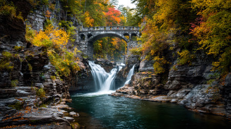 A vibrant fall landscape featuring cascading waters beneath a quaint bridge, framed by crimson and...