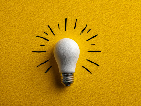 A sleek white 3d bulb shines against a vivid yellow canvas, encircled by playful sketch lines...