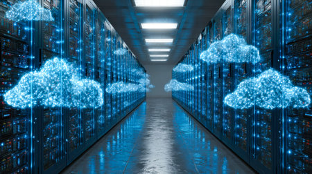 Bright server racks with glowing cloud symbols illustrating seamless data management and virtual...