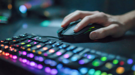 A close-up of hands engaging with a vibrant, rainbow-hued backlit keyboard and a stylish matte black...