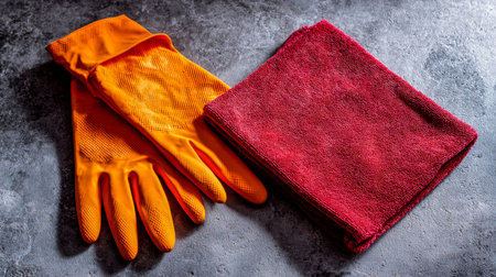 Bright yellow rubber gloves and a soft cloth rest on a rough, textured surface, suggesting readiness...