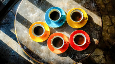 Vibrant ceramic mugs bask in warm sunlight on a rustic outdoor surface, evoking a lively morning...