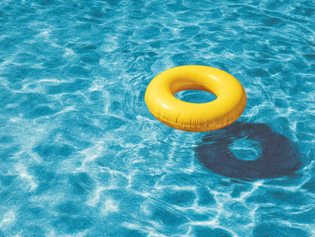 A vibrant yellow ring gently drifts on sparkling water, with sun glints dancing across its surface,...