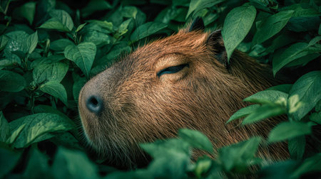 A tranquil capybara gently rests amid vibrant foliage, its serene expression blending seamlessly...