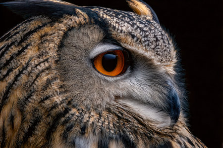 A detailed view captures the owl's powerful features, emphasizing its vibrant orange eye and...