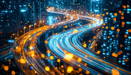 Neon-lit avenues weave through towering structures under a midnight sky, creating a mesmerizing...
