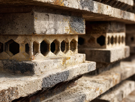 A textured framework featuring aged concrete blocks with geometric hexagonal openings, revealing a...