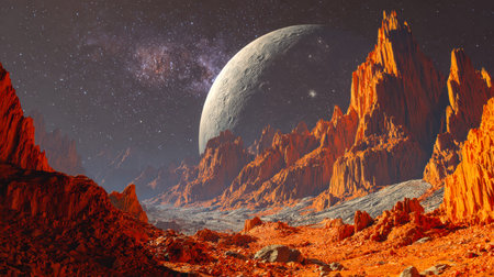 An otherworldly scene featuring jagged crimson formations against a dark sky, with a luminous moon...
