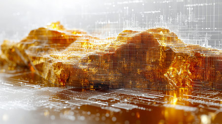 A luminous, amber-hued structure layered with advanced data graphics, blending natural earth...