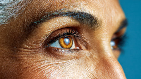 An expressive elderly face showcasing rich skin textures and a warm gaze, set against a sleek blue backdrop that emphasizes the depth and character of the eyes.のeditorial素材