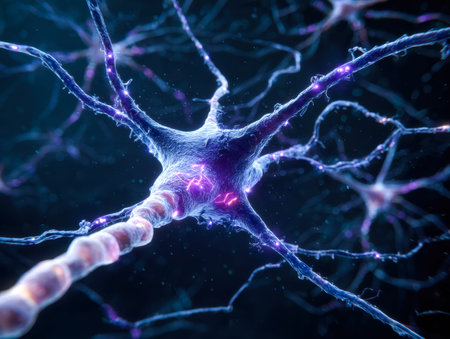 A vibrant depiction of a nerve cell illuminated by radiant electrical impulses, showcasing complex...