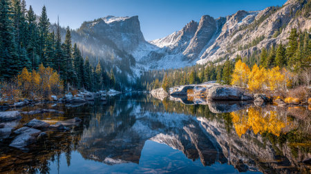 A tranquil alpine scene features mirror-like waters mirroring russet and gold leaves, framed by...