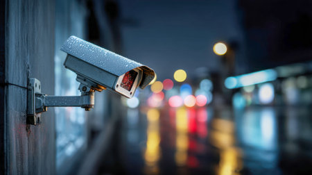 A rain-speckled surveillance device gazes over a vibrant cityscape, its watchful lens faintly...